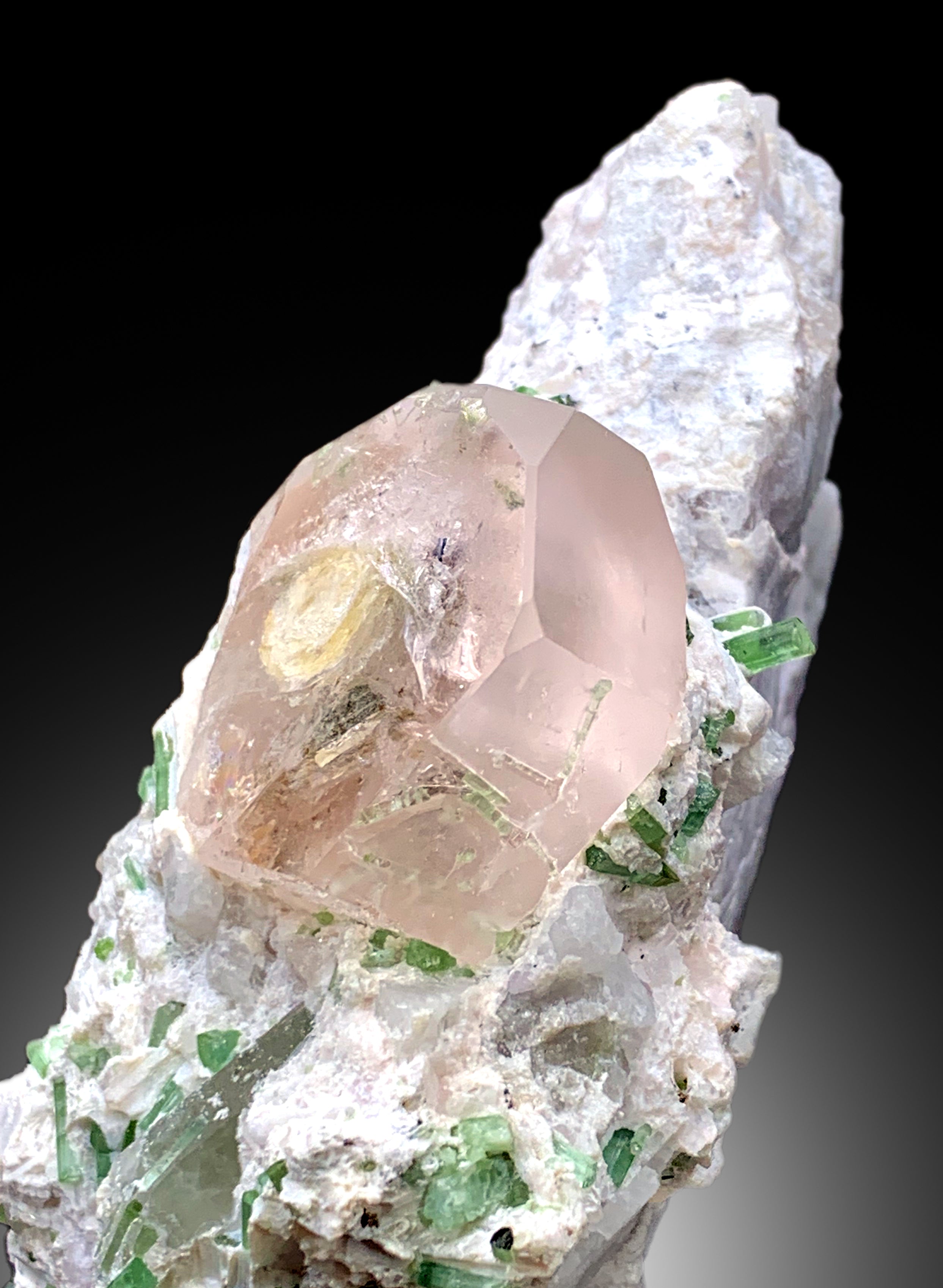 Transparent Peach Pink Color Morganite with Green Tourmalines on Matrix from Dara-i-Pech Afghanistan - 853 gram