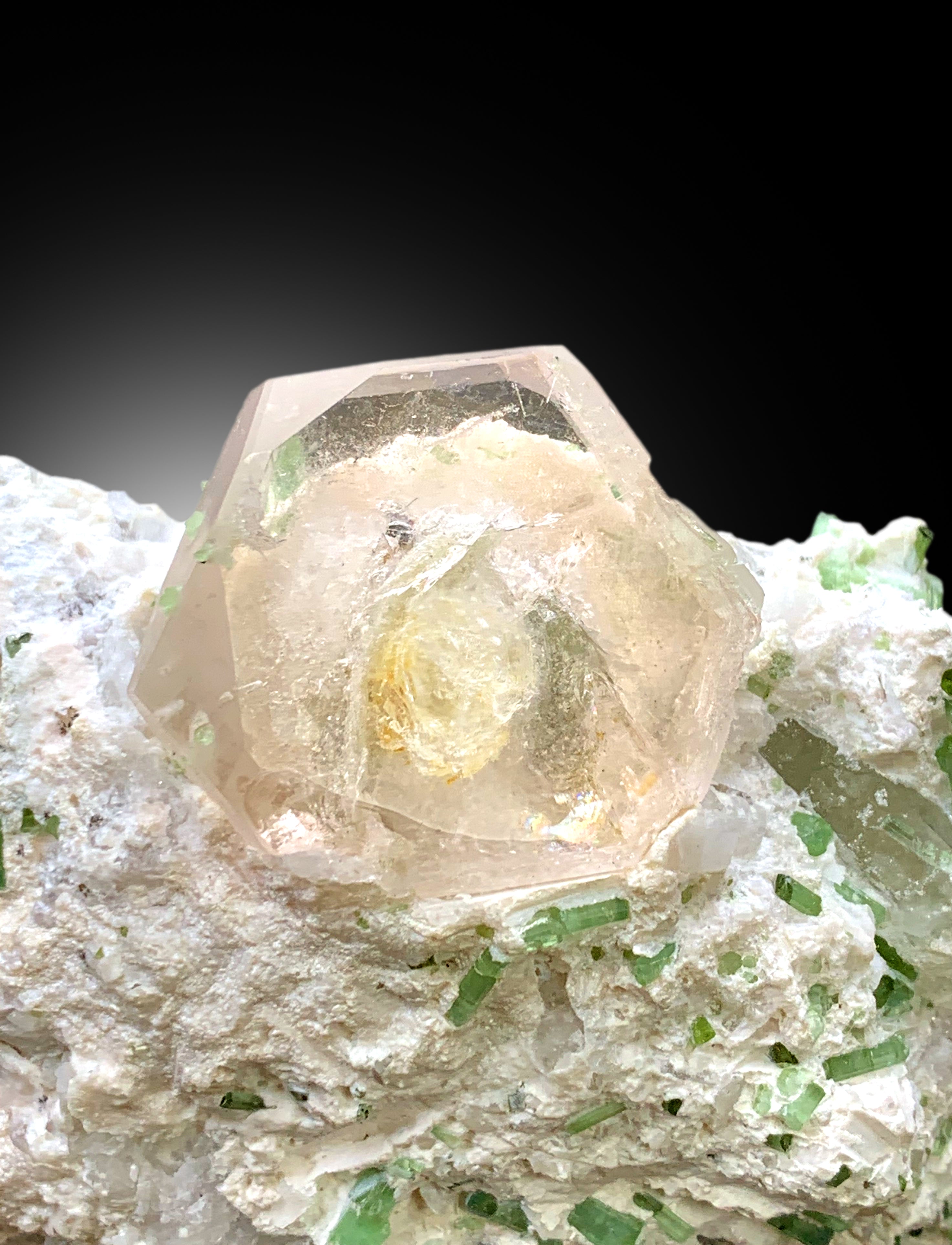 Transparent Peach Pink Color Morganite with Green Tourmalines on Matrix from Dara-i-Pech Afghanistan - 853 gram