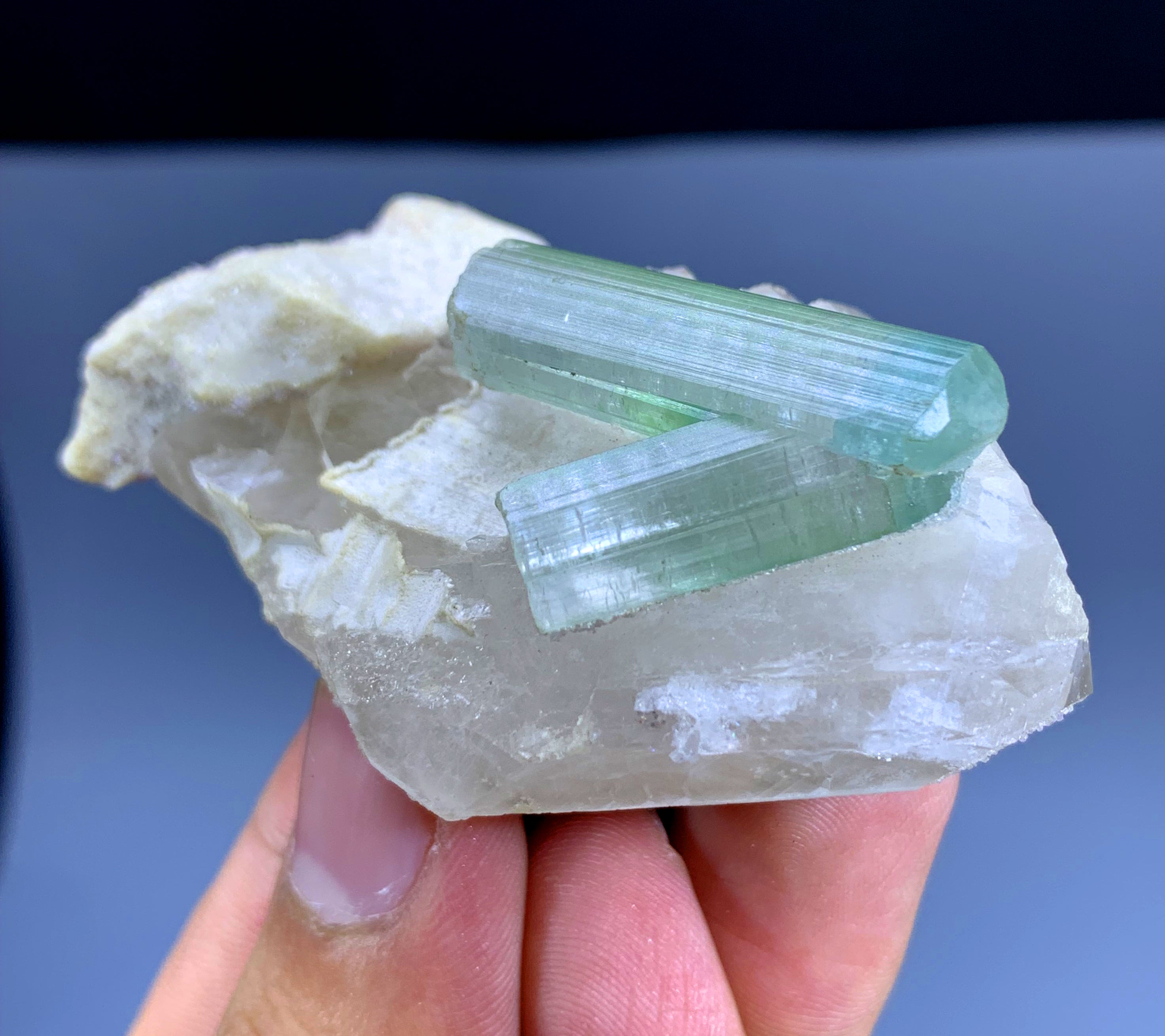 Bluish Green Tourmaline Crystals on Quartz from Afghanistan - 78 gram
