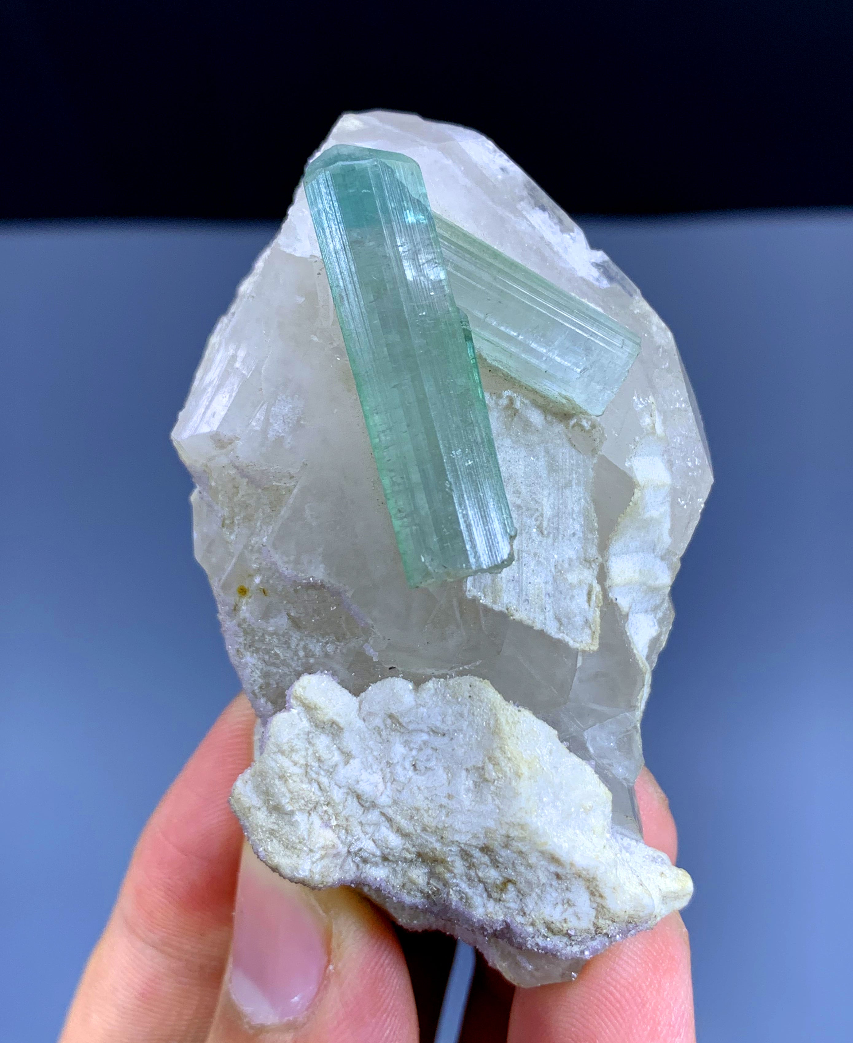 Bluish Green Tourmaline Crystals on Quartz from Afghanistan - 78 gram