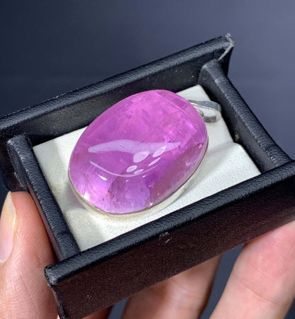 Polished Fuchsia Pink Kunzite On Silver Pendant, Kunzite Neckalce From Afghanistan - 21 gm