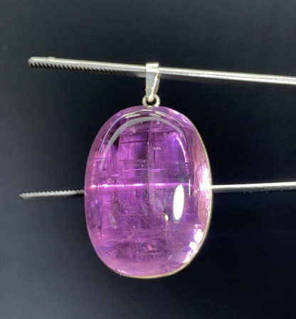 Polished Fuchsia Pink Kunzite On Silver Pendant, Kunzite Neckalce From Afghanistan - 21 gm