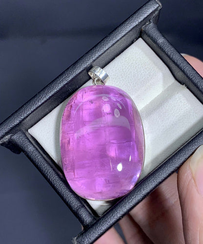 Polished Fuchsia Pink Kunzite On Silver Pendant, Kunzite Neckalce From Afghanistan - 21 gm