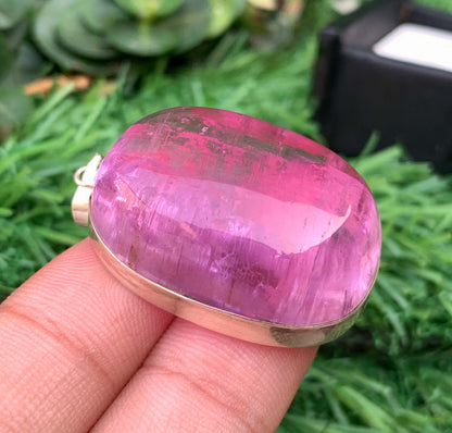 Polished Fuchsia Pink Kunzite On Silver Pendant, Kunzite Neckalce From Afghanistan - 21 gm