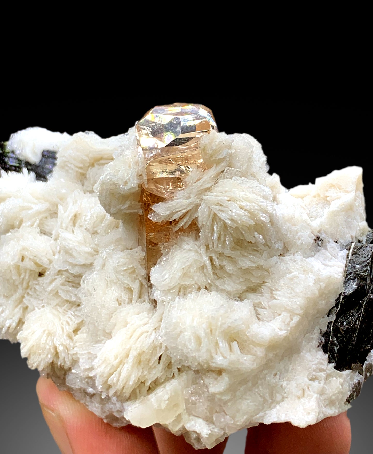 Rich Golden Color Topaz with Cleavelandite Albite and Schorl Black Tourmaline from Skardu Pakistan - 255 gram