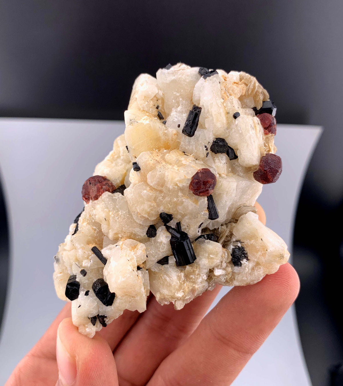 Red Garnet and Schorl Tourmaline Crystals on Feldspar From Pakistan - 112 Grams