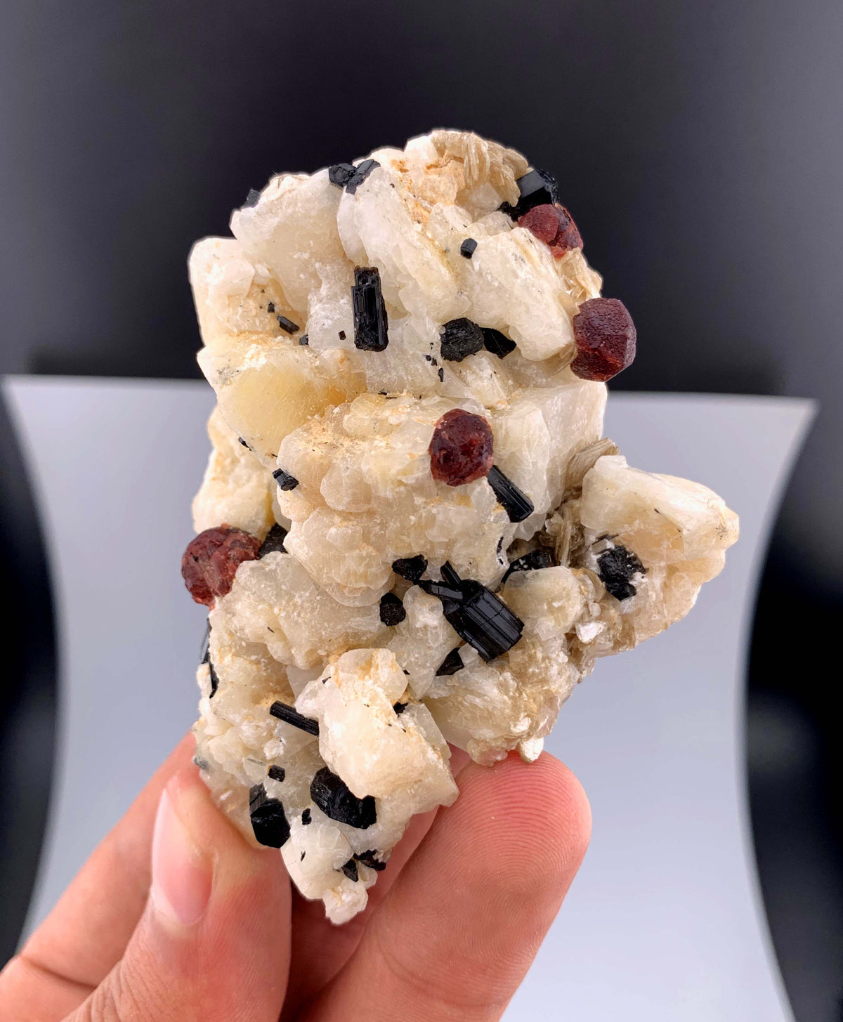 Red Garnet and Schorl Tourmaline Crystals on Feldspar From Pakistan - 112 Grams