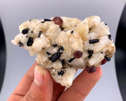 Red Garnet and Schorl Tourmaline Crystals on Feldspar From Pakistan - 112 Grams