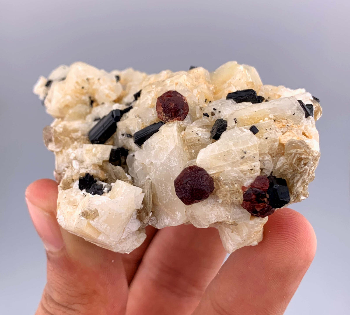 Red Garnet and Schorl Tourmaline Crystals on Feldspar From Pakistan - 112 Grams
