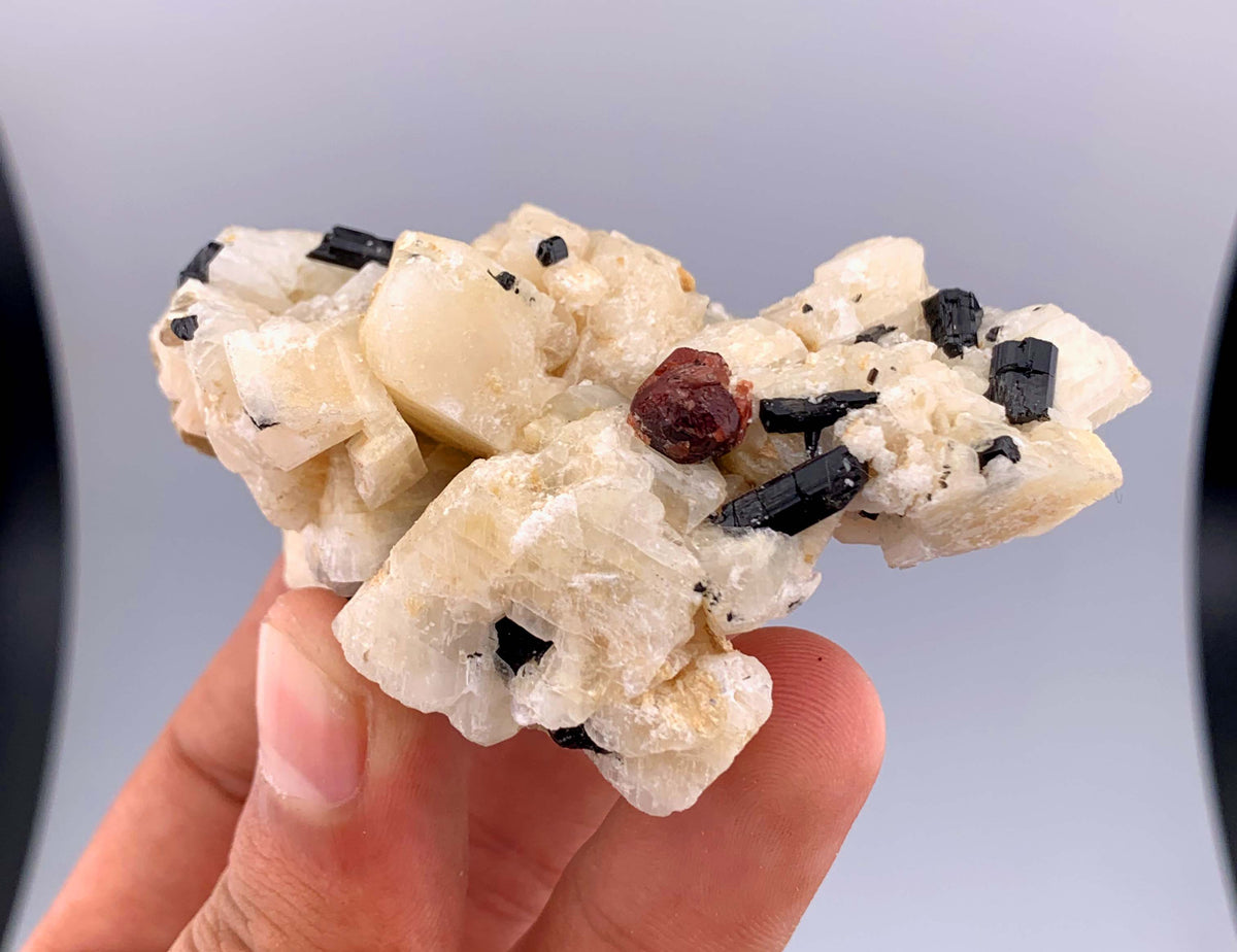 Red Garnet and Schorl Tourmaline Crystals on Feldspar From Pakistan - 112 Grams