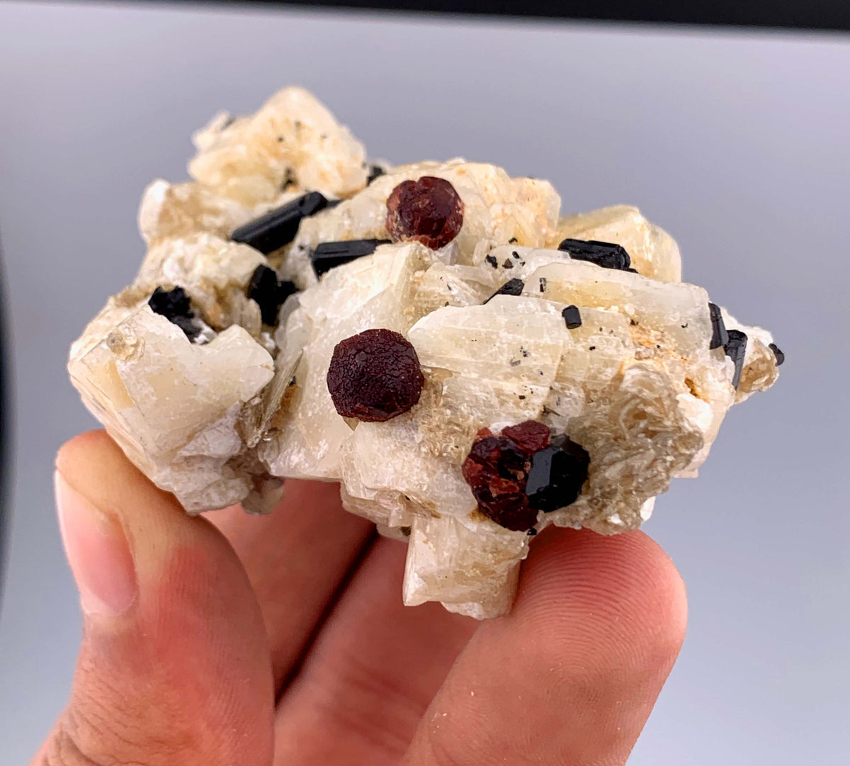 Red Garnet and Schorl Tourmaline Crystals on Feldspar From Pakistan - 112 Grams