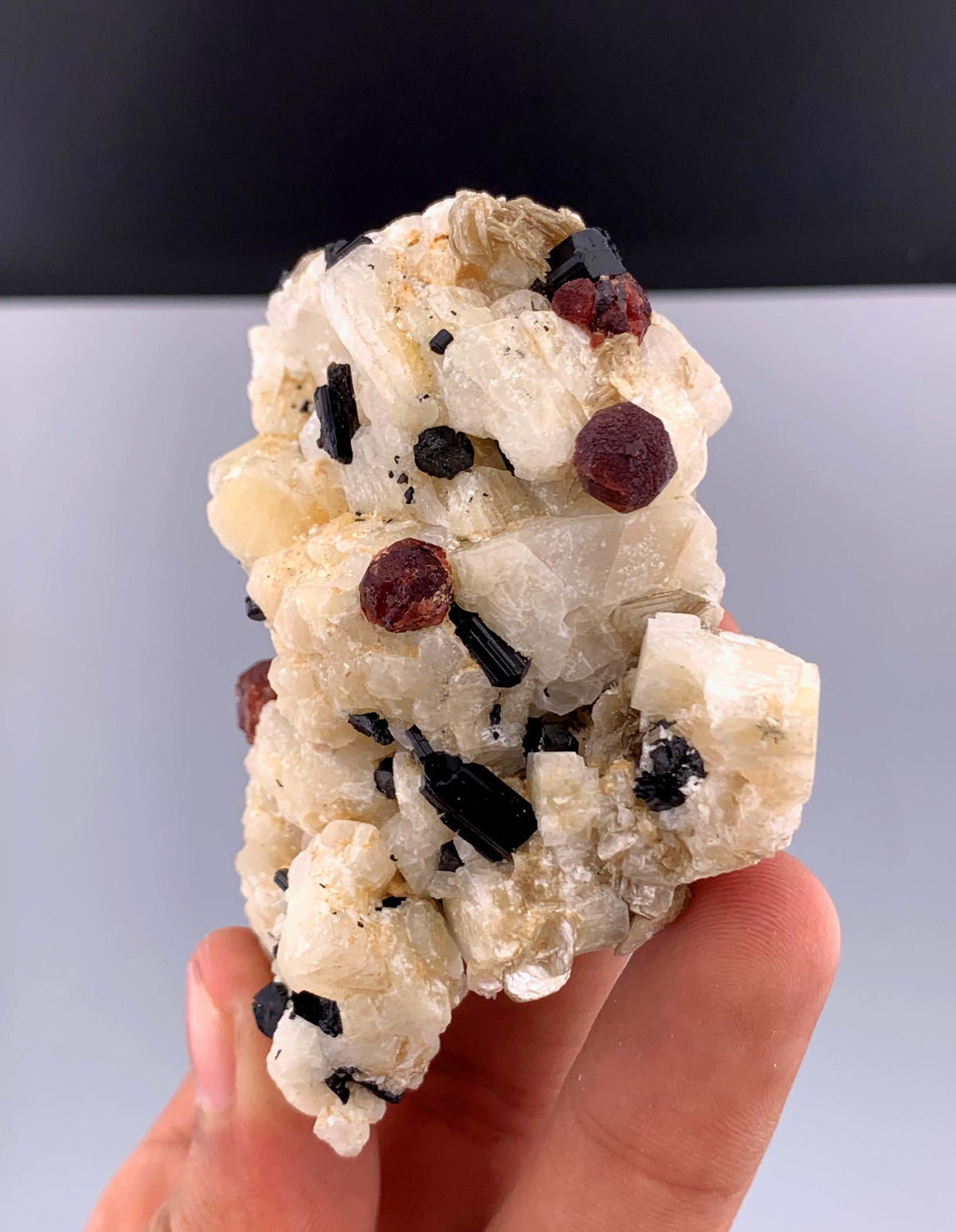 Red Garnet and Schorl Tourmaline Crystals on Feldspar From Pakistan - 112 Grams