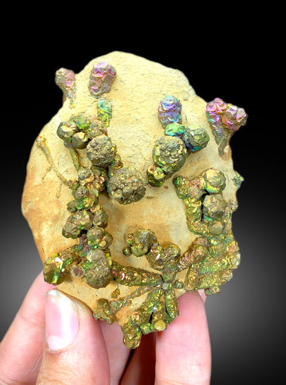 Natural Rainbow Color Pyrite on Yellow Limonite, Pyrite Crystals, Raw Mineral, Pyrite Specimen - 206 gram