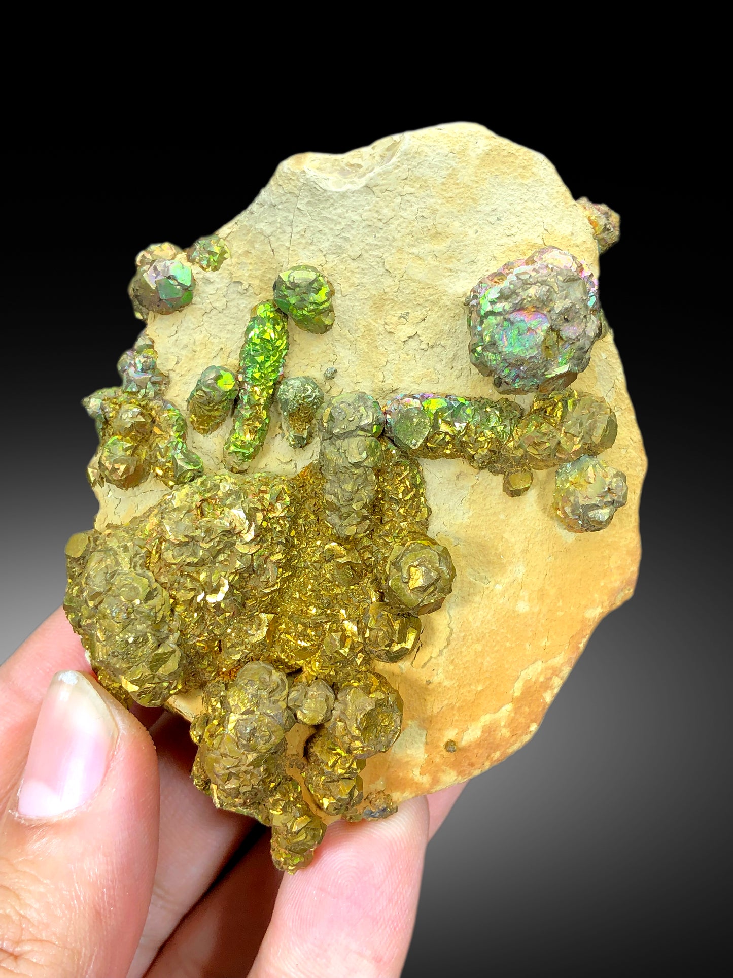 Natural Rainbow Color Pyrite on Yellow Limonite, Pyrite Crystals, Raw Mineral, Pyrite Specimen - 206 gram