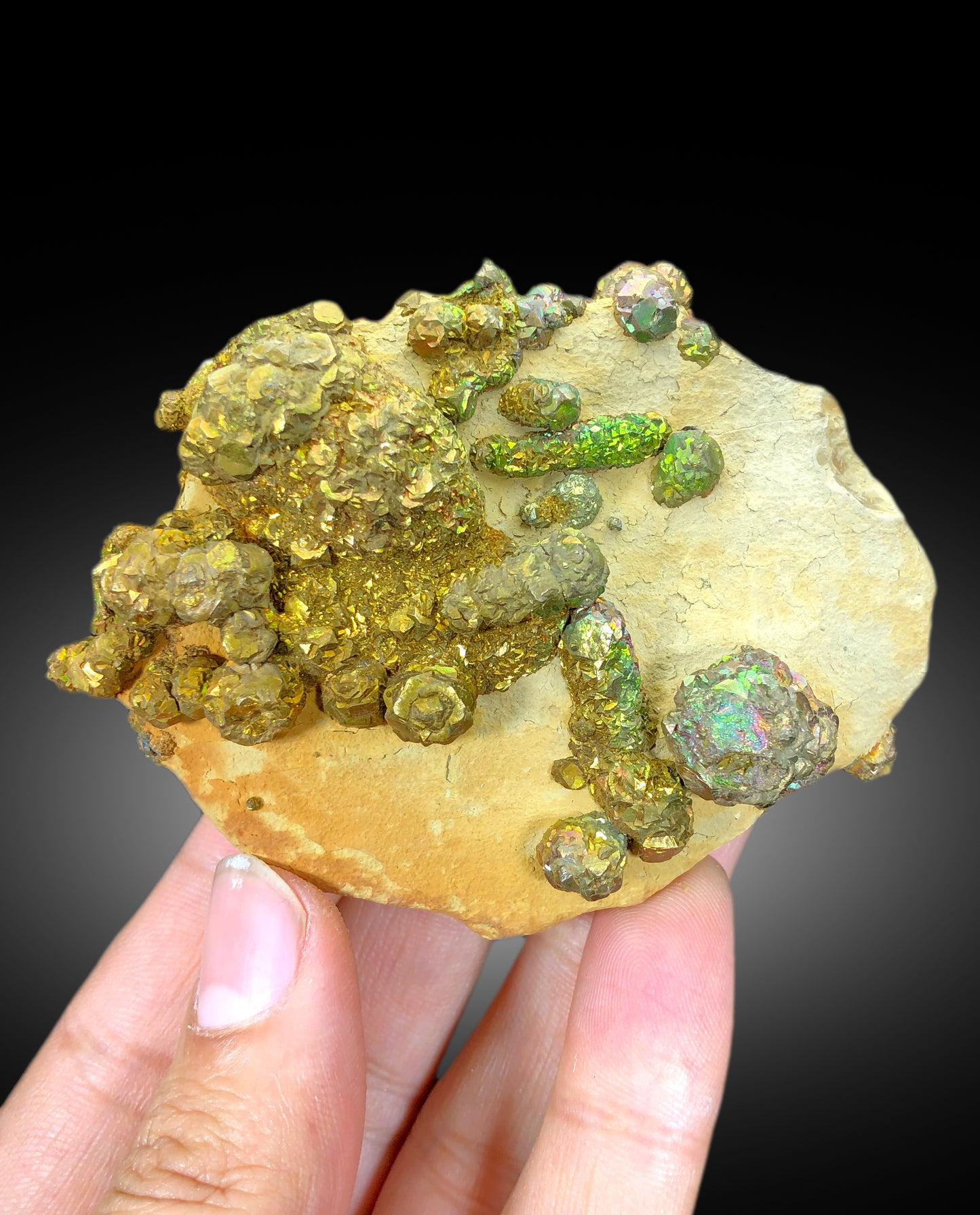 Natural Rainbow Color Pyrite on Yellow Limonite, Pyrite Crystals, Raw Mineral, Pyrite Specimen - 206 gram