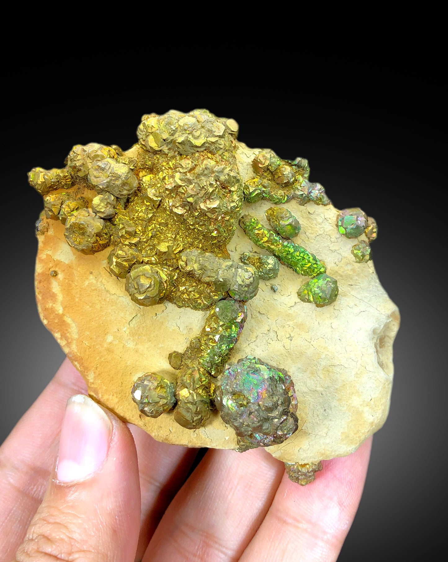 Natural Rainbow Color Pyrite on Yellow Limonite, Pyrite Crystals, Raw Mineral, Pyrite Specimen - 206 gram