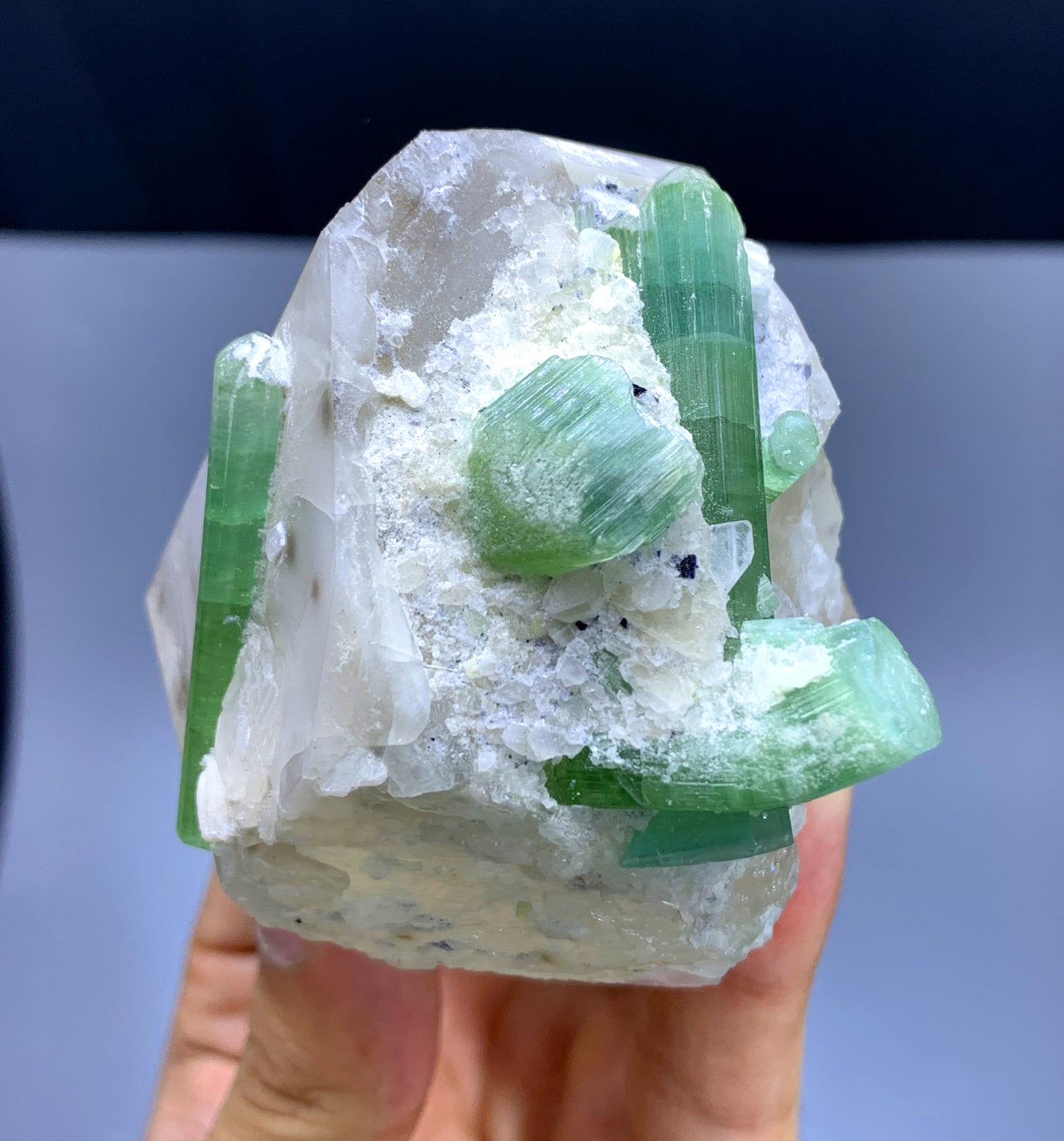 Natural Green Color Tourmaline Crystals on Quartz from Afghanistan - 337 gram