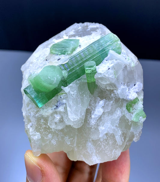 Natural Green Color Tourmaline Crystals on Quartz from Afghanistan - 337 gram