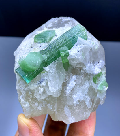 Natural Green Color Tourmaline Crystals on Quartz from Afghanistan - 337 gram