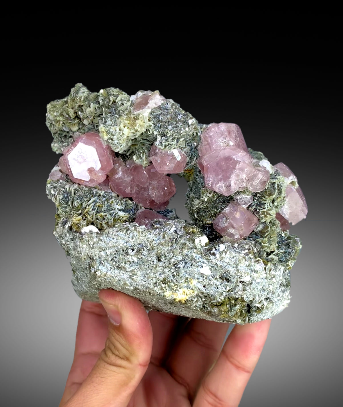 Pink apatite crystals on mica from Pakistan, 906 gram