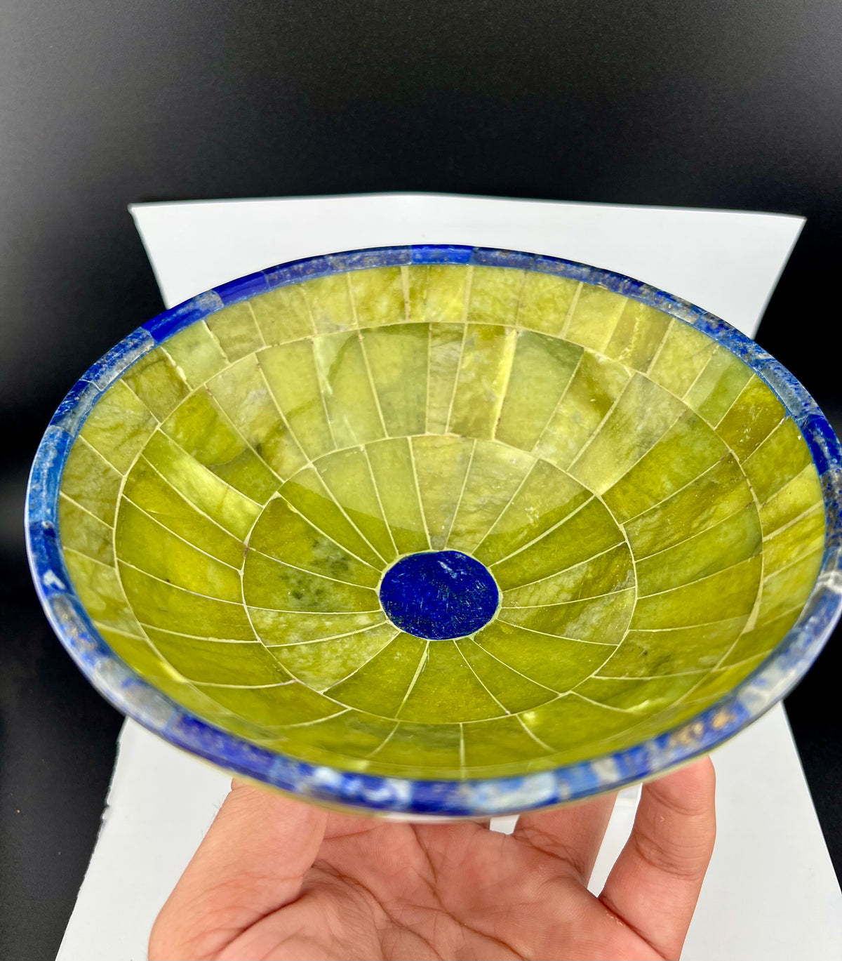 Polished Green Stone & Lapis Lazuli Bowl – 488g, 128mm