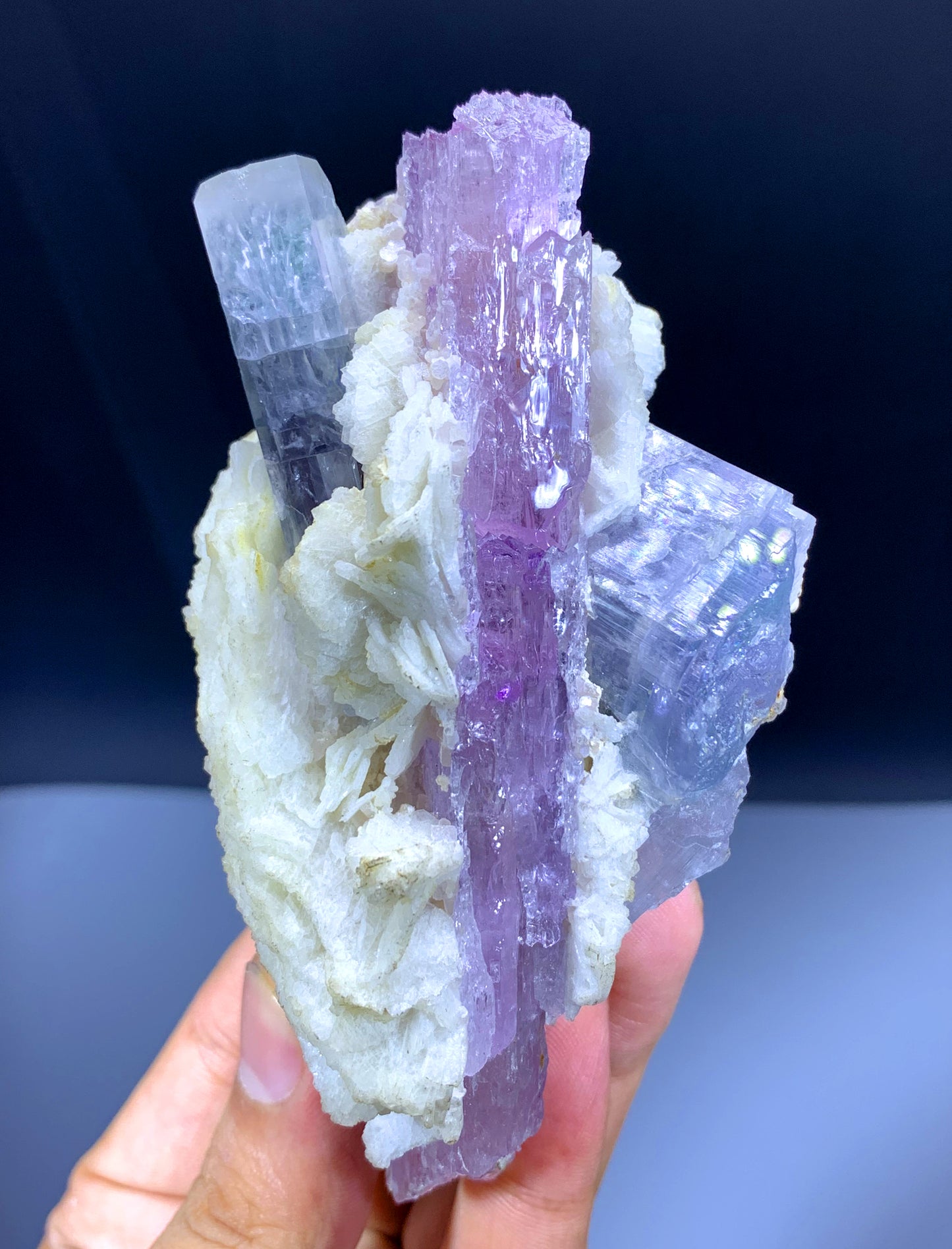 Pink Kunzite with Blue Apatites on Cleavelandite Albite from Afghanistan - 330 grams