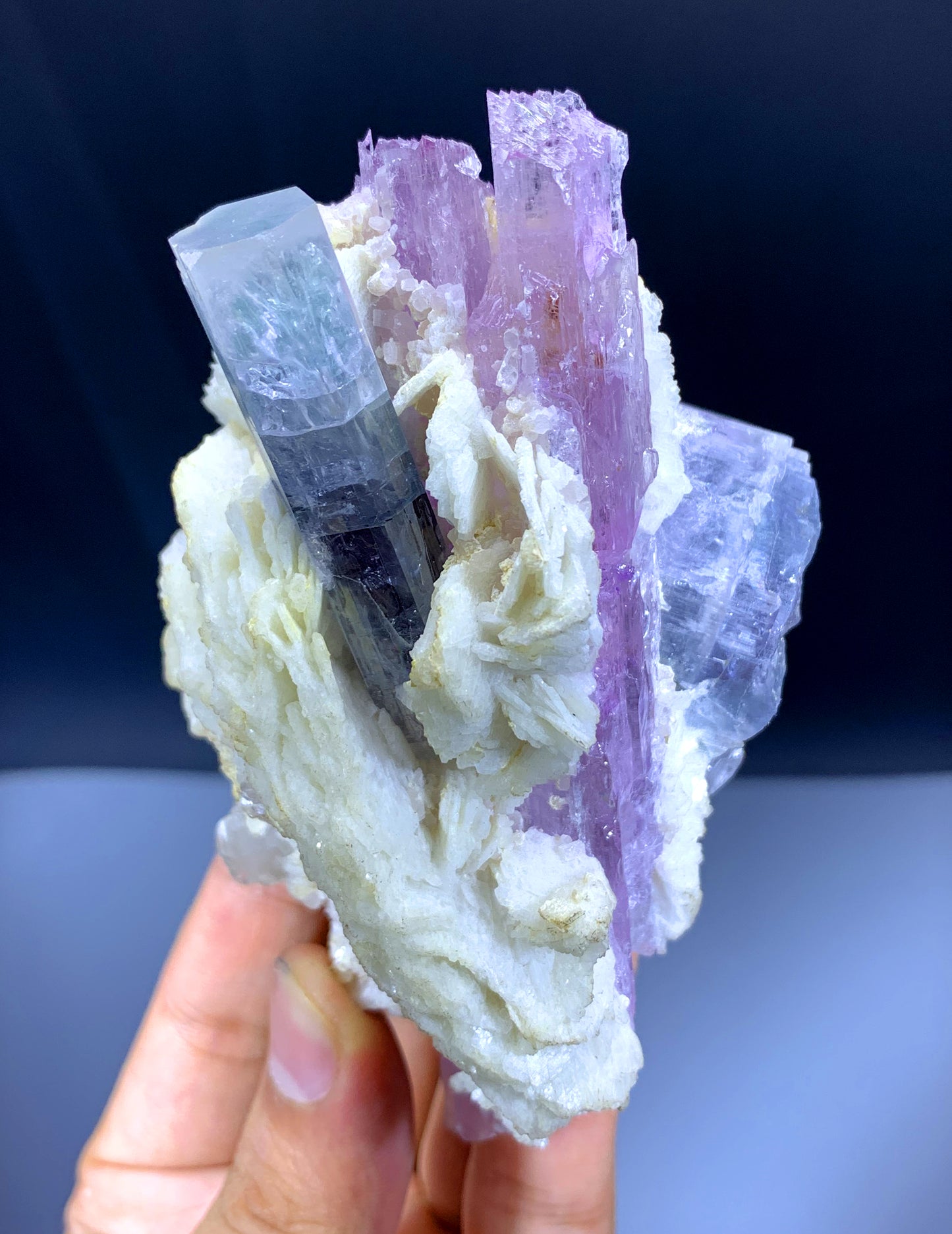 Pink Kunzite with Blue Apatites on Cleavelandite Albite from Afghanistan - 330 grams