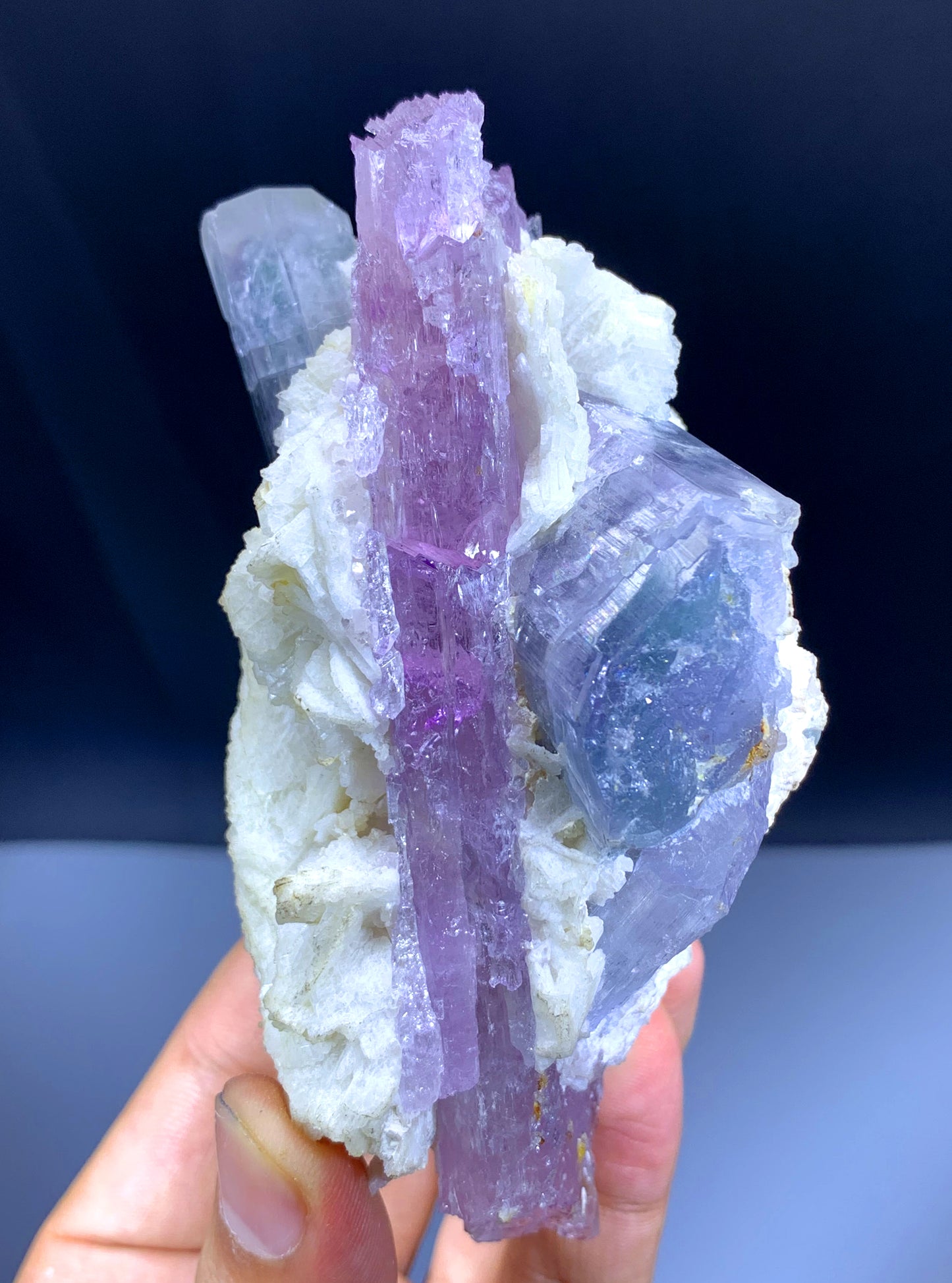 Pink Kunzite with Blue Apatites on Cleavelandite Albite from Afghanistan - 330 grams