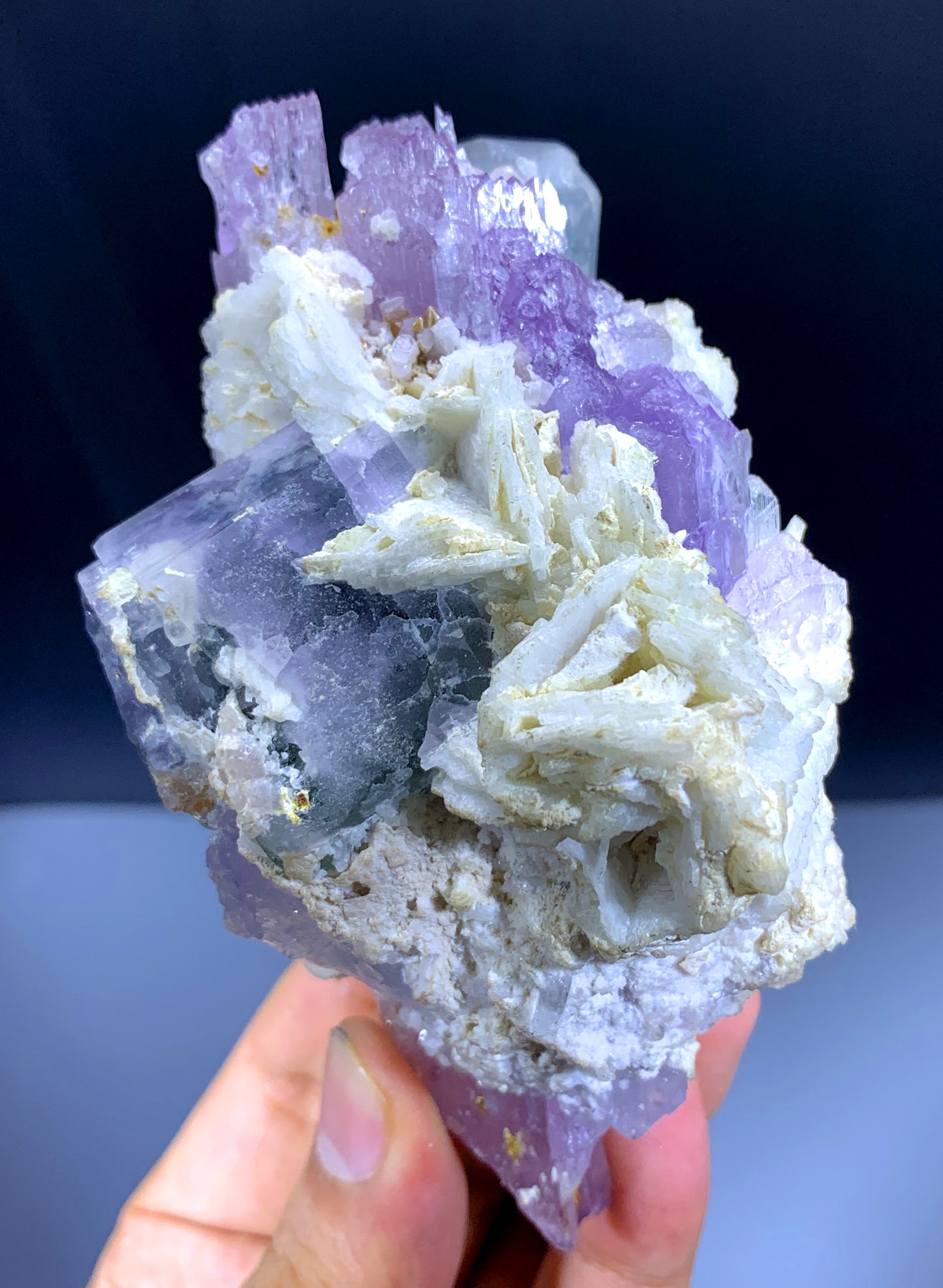 Pink Kunzite with Blue Apatites on Cleavelandite Albite from Afghanistan - 330 grams