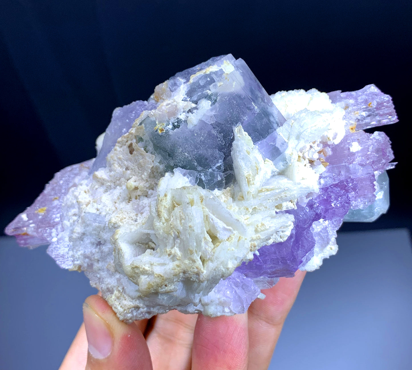 Pink Kunzite with Blue Apatites on Cleavelandite Albite from Afghanistan - 330 grams