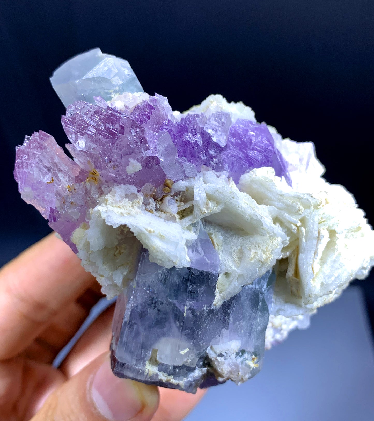 Pink Kunzite with Blue Apatites on Cleavelandite Albite from Afghanistan - 330 grams