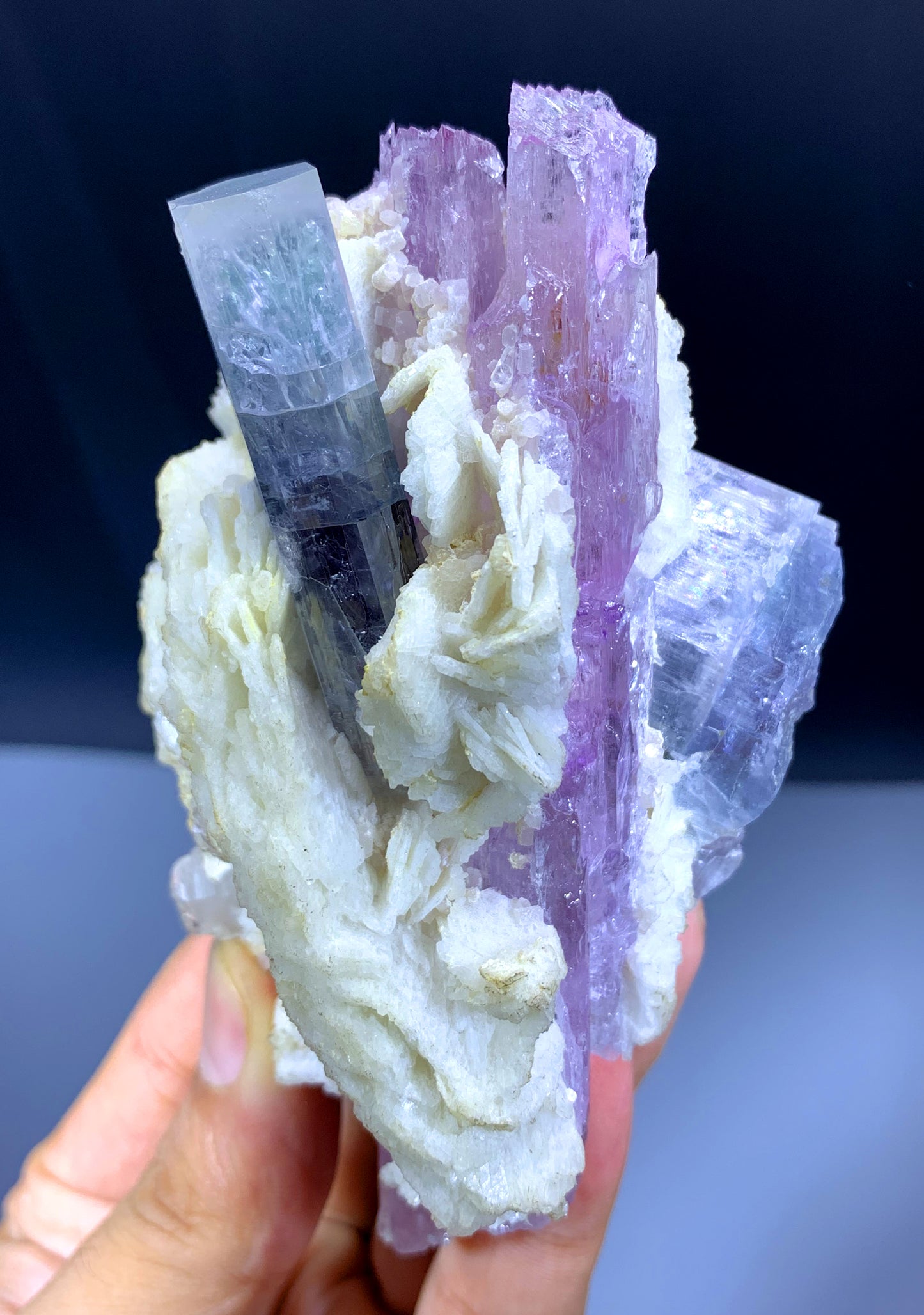 Pink Kunzite with Blue Apatites on Cleavelandite Albite from Afghanistan - 330 grams