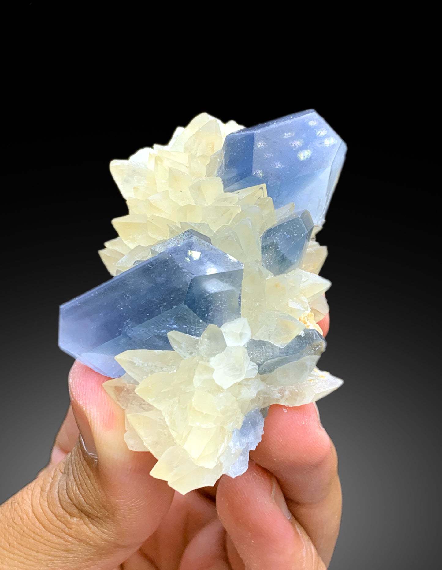 Natural Blue Celestine on Dog Tooth Calcite from Baghdis Mine, Afghanistan - 93 gram