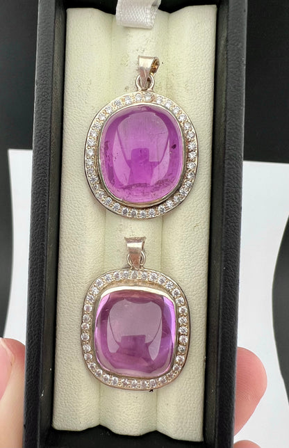 Natural Pink Kunzite Cabochon Pendants with White Zircon Halo – Gold Tone Jewelry