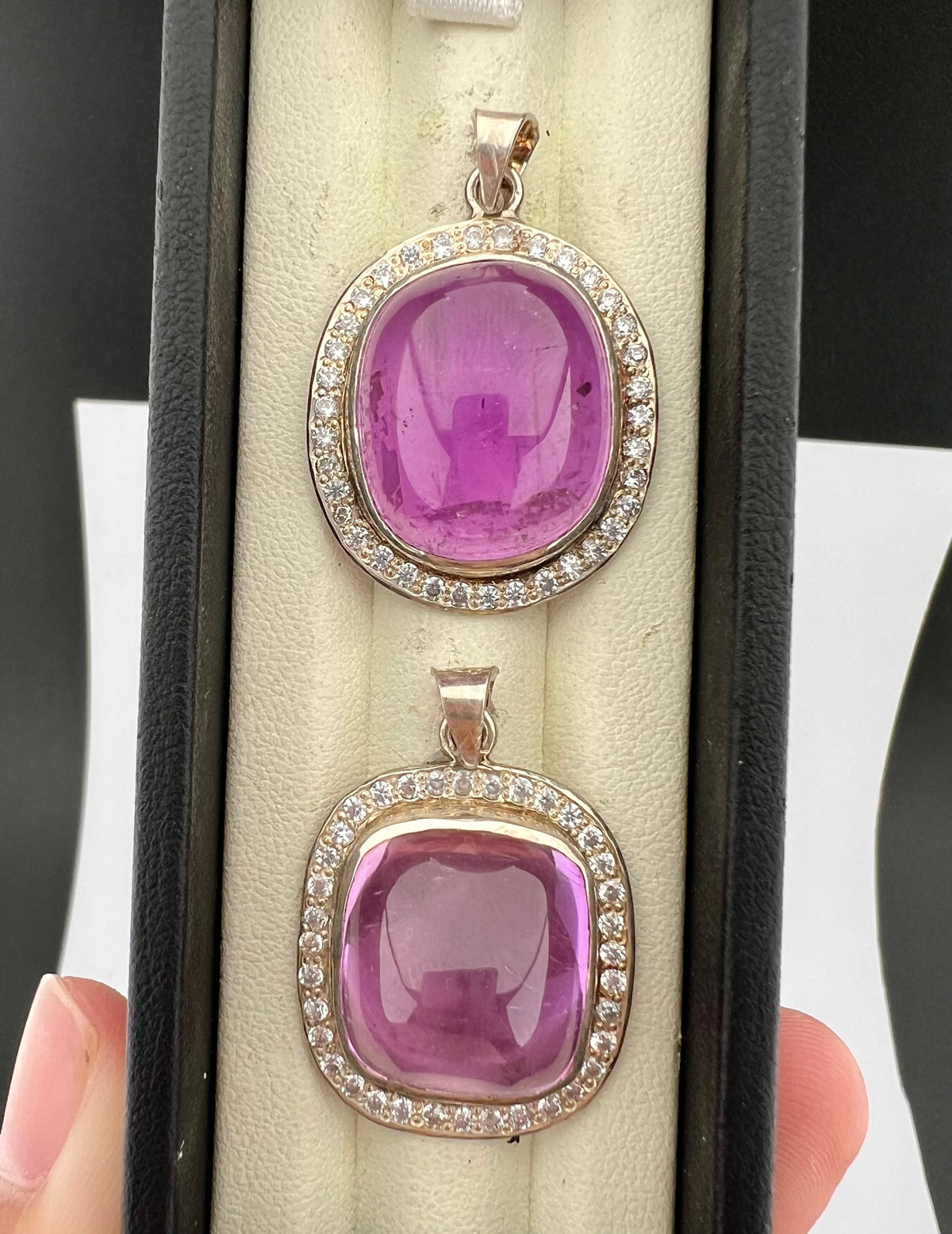 Natural Pink Kunzite Cabochon Pendants with White Zircon Halo – Gold Tone Jewelry