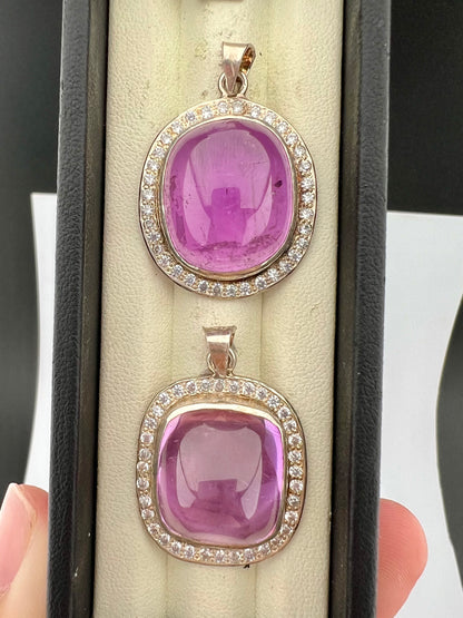 Natural Pink Kunzite Cabochon Pendants with White Zircon Halo – Gold Tone Jewelry