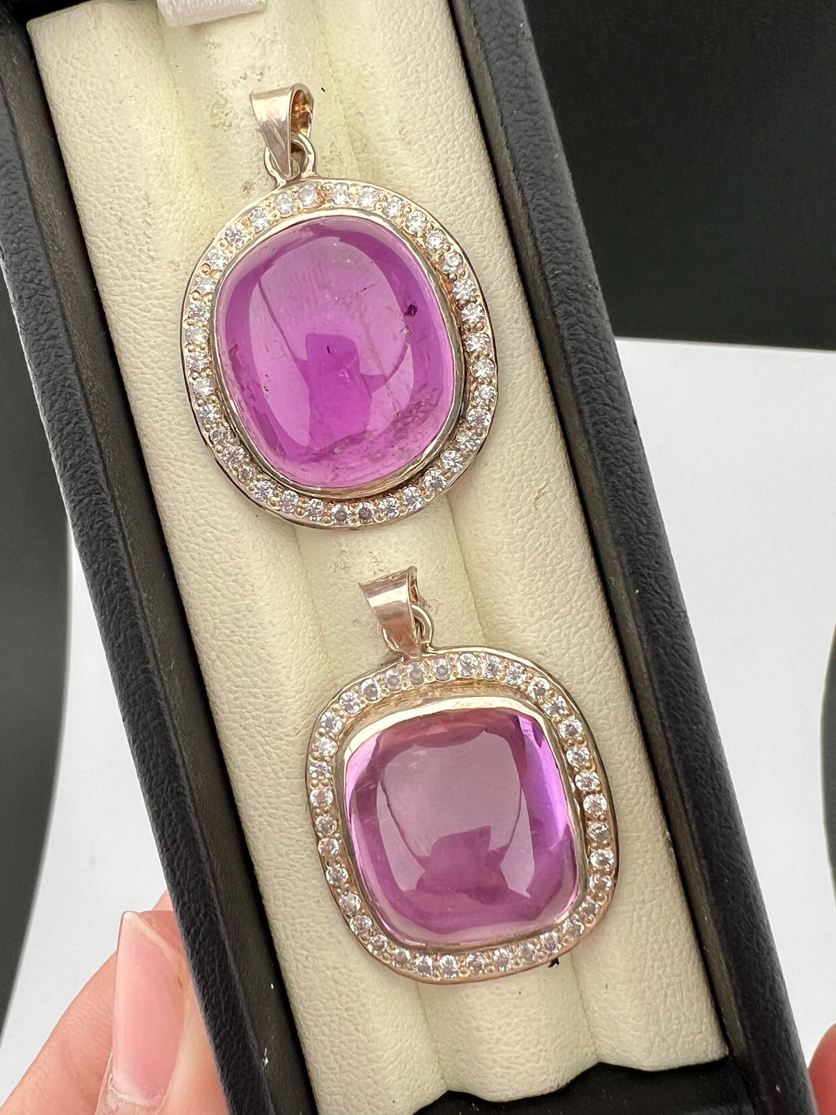 Natural Pink Kunzite Cabochon Pendants with White Zircon Halo – Gold Tone Jewelry