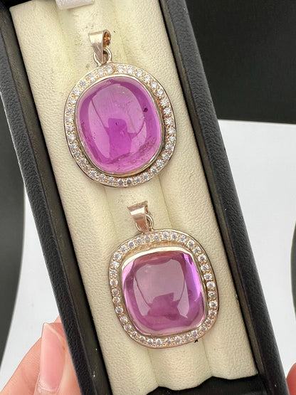 Natural Pink Kunzite Cabochon Pendants with White Zircon Halo – Gold Tone Jewelry