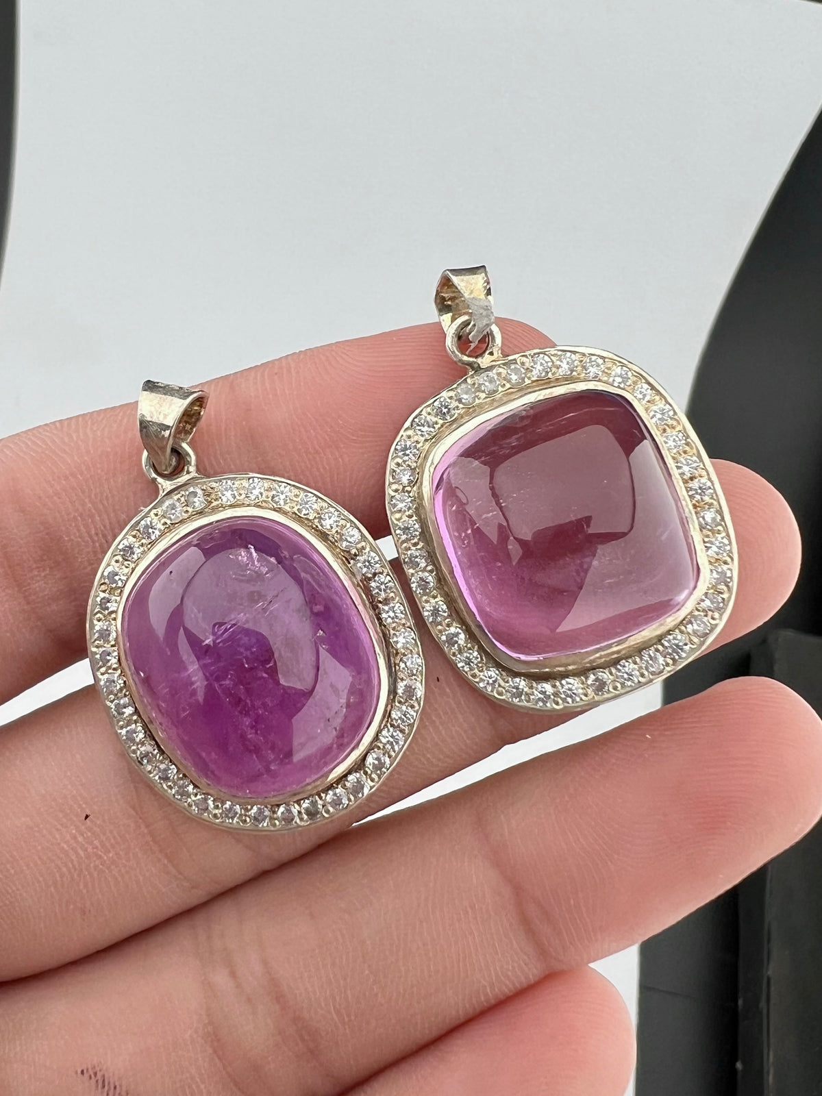 Natural Pink Kunzite Cabochon Pendants with White Zircon Halo – Gold Tone Jewelry