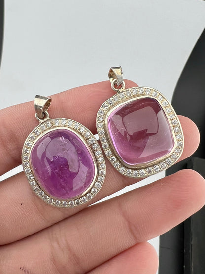 Natural Pink Kunzite Cabochon Pendants with White Zircon Halo – Gold Tone Jewelry