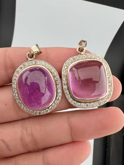 Natural Pink Kunzite Cabochon Pendants with White Zircon Halo – Gold Tone Jewelry