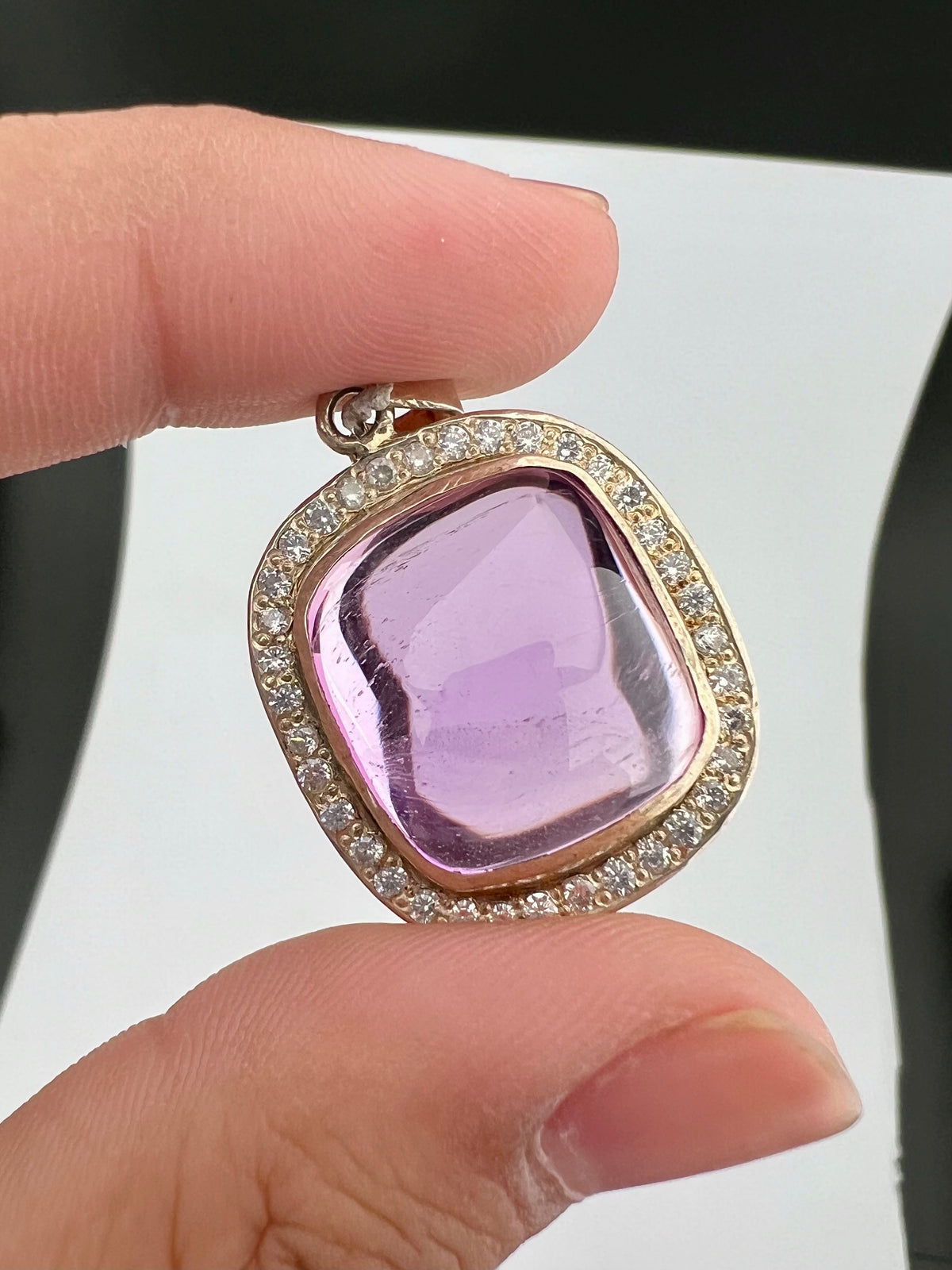 Natural Pink Kunzite Cabochon Pendants with White Zircon Halo – Gold Tone Jewelry