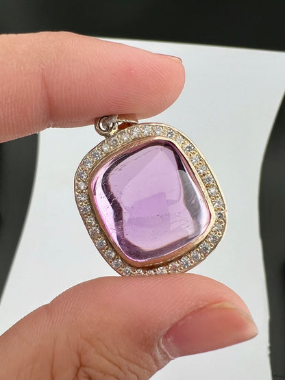 Natural Pink Kunzite Cabochon Pendants with White Zircon Halo – Gold Tone Jewelry