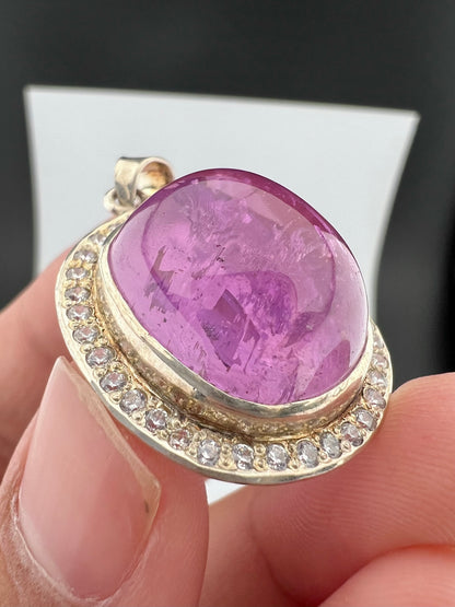 Natural Pink Kunzite Cabochon Pendants with White Zircon Halo – Gold Tone Jewelry