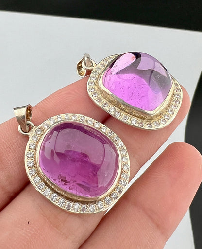 Natural Pink Kunzite Cabochon Pendants with White Zircon Halo – Gold Tone Jewelry