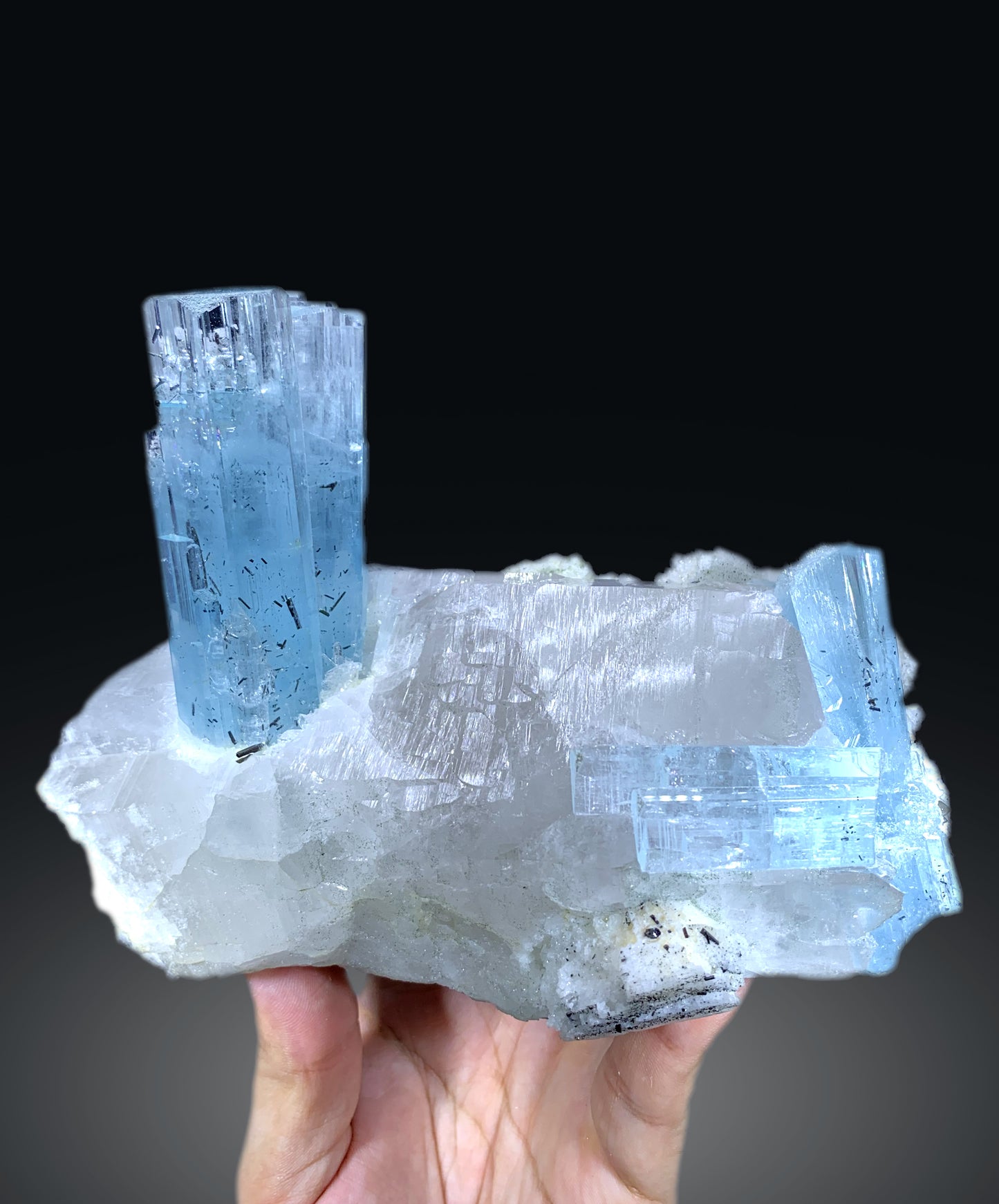 Blue Aquamarine Crystals on Quartz with Schorl Spray from Shigar valley Pakistan - 1066 grams