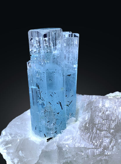 Blue Aquamarine Crystals on Quartz with Schorl Spray from Shigar valley Pakistan - 1066 grams