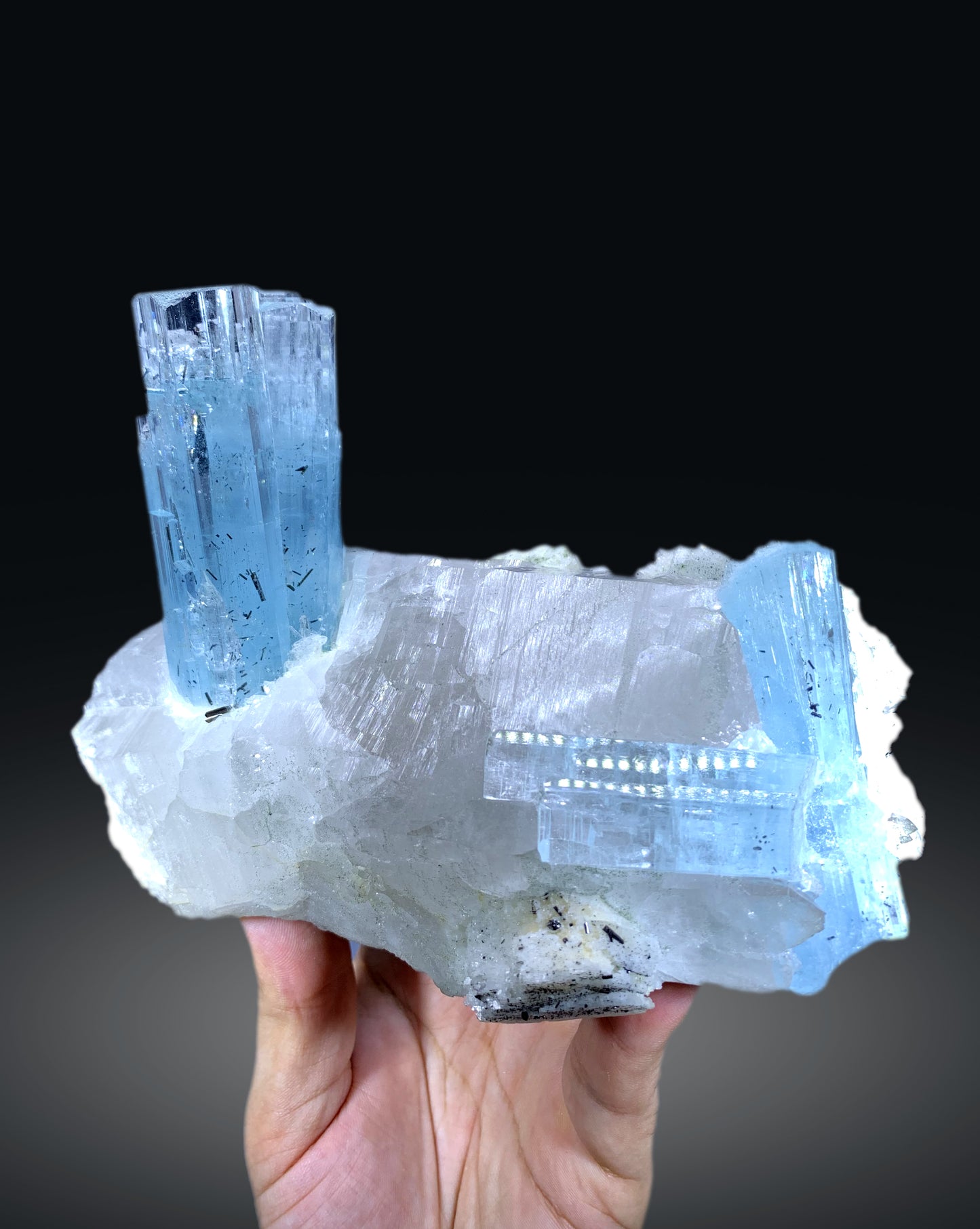 Blue Aquamarine Crystals on Quartz with Schorl Spray from Shigar valley Pakistan - 1066 grams