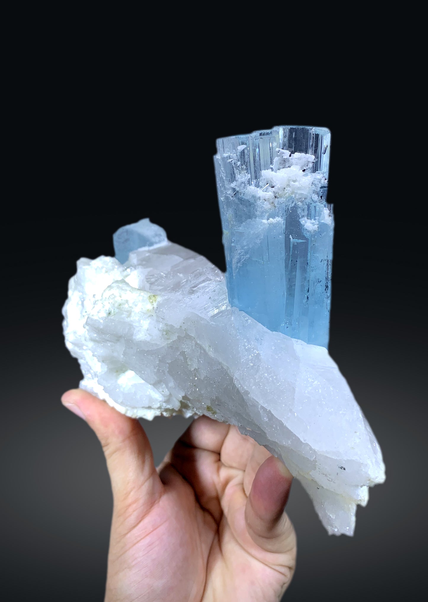 Blue Aquamarine Crystals on Quartz with Schorl Spray from Shigar valley Pakistan - 1066 grams