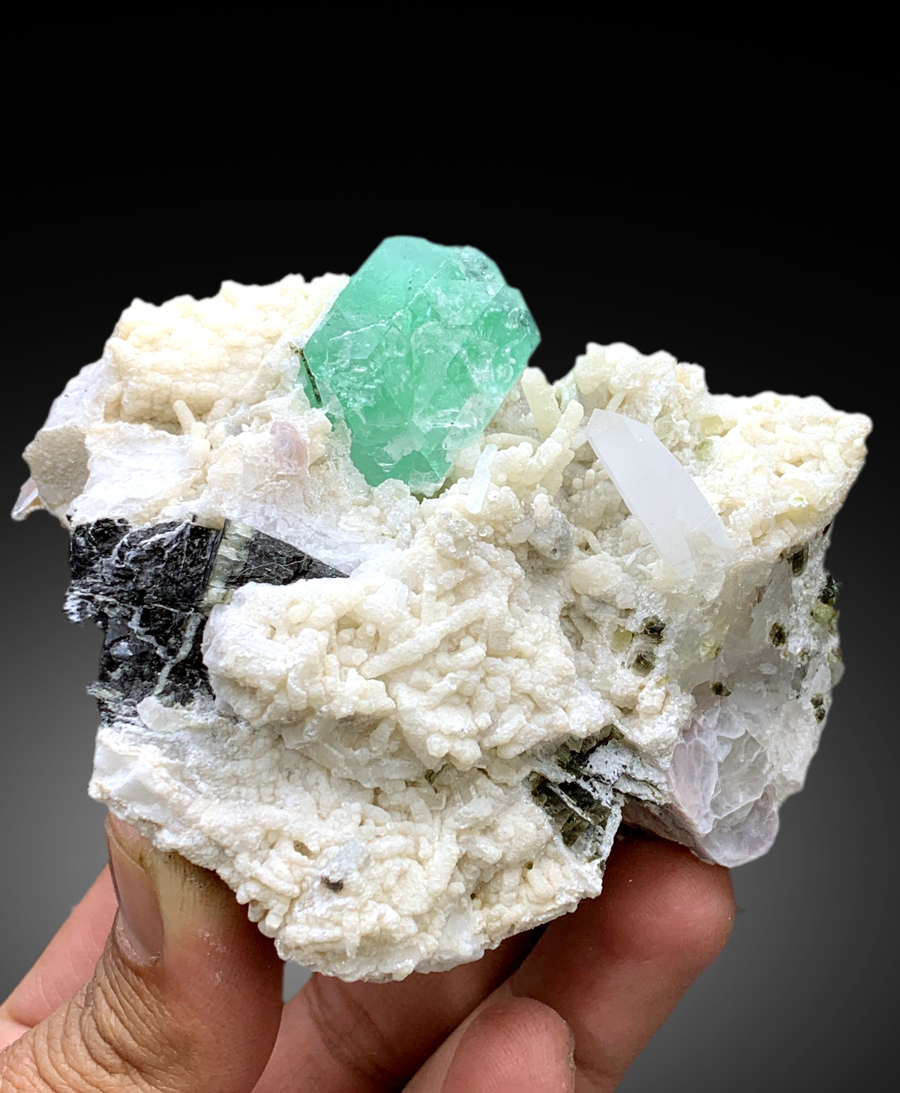 Green Fluorite with Quartz on Albite from Pakistan - 323 gram